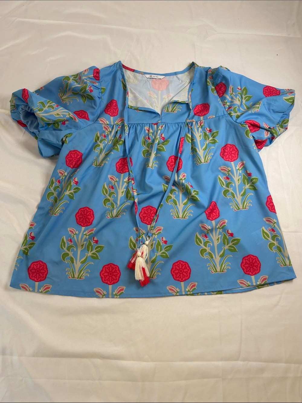 Blue Floral Tassel Peasant Top with Pink Accents